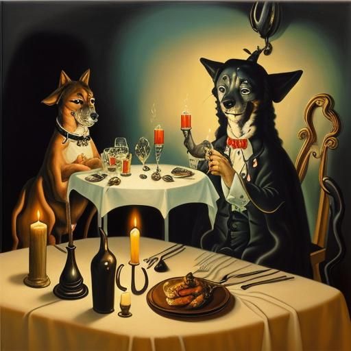 Zwei Hunde beim Candle-light-dinner