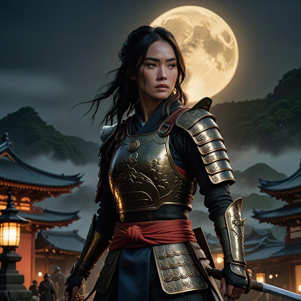 Mystical Samurai Warrior in Moonlit Japanese Landscape