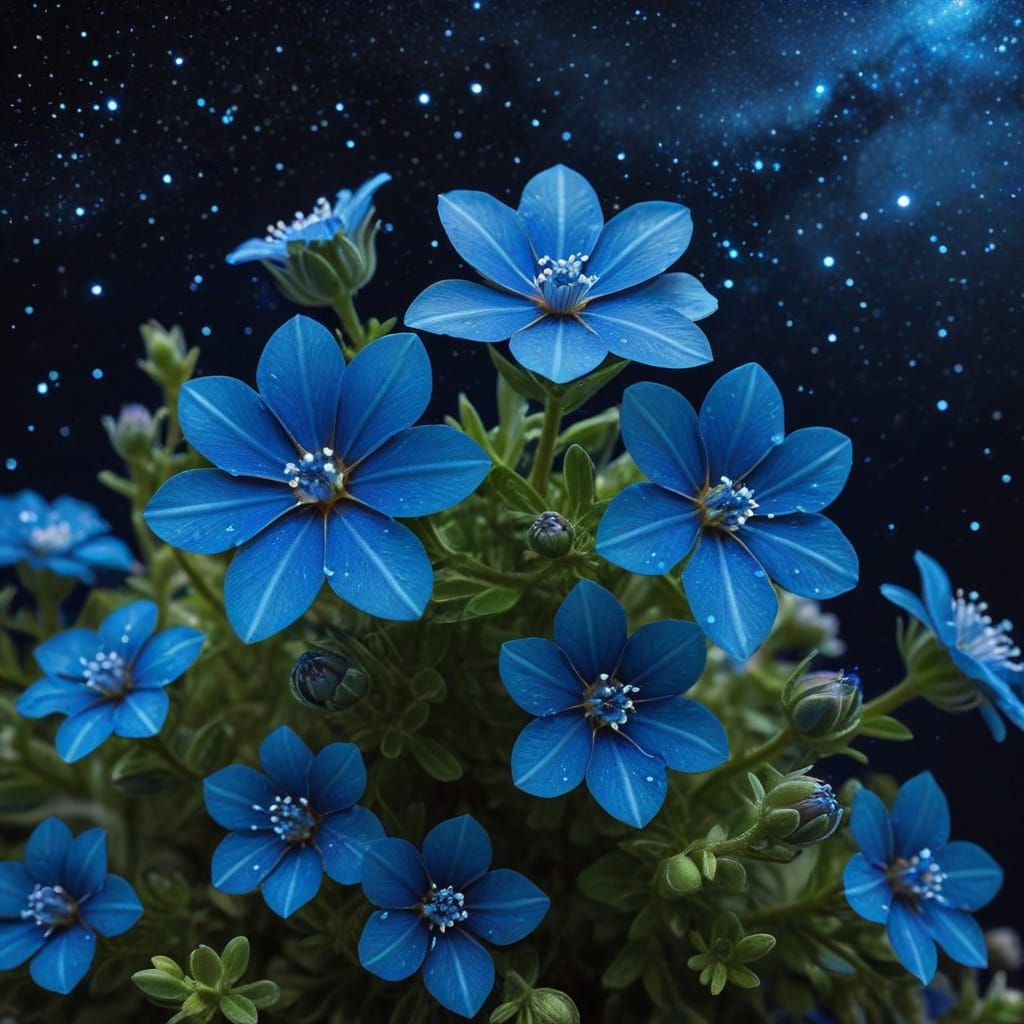 Deep Blue Ocean Under Starry Night Sky with Flowers