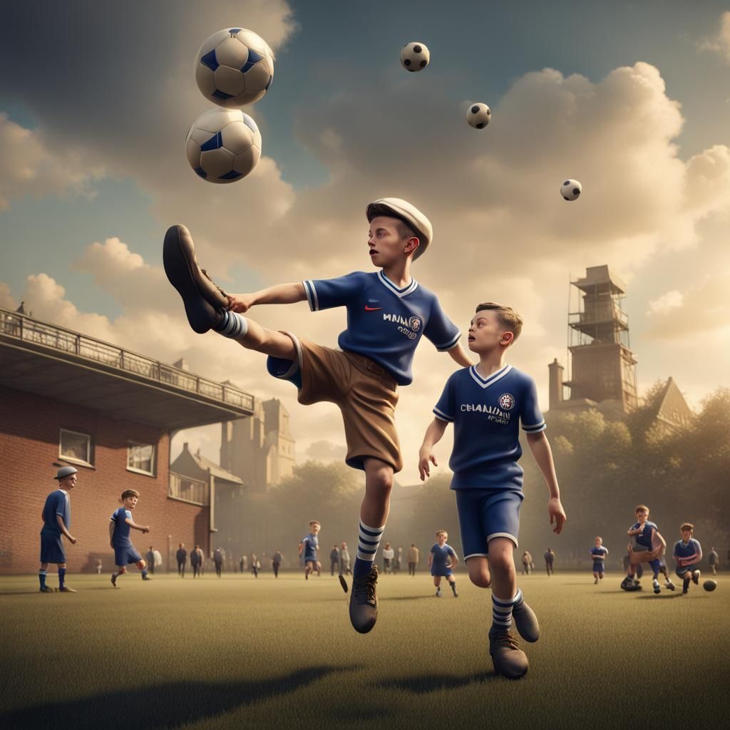 Boy Juggling Football in 1940s Style