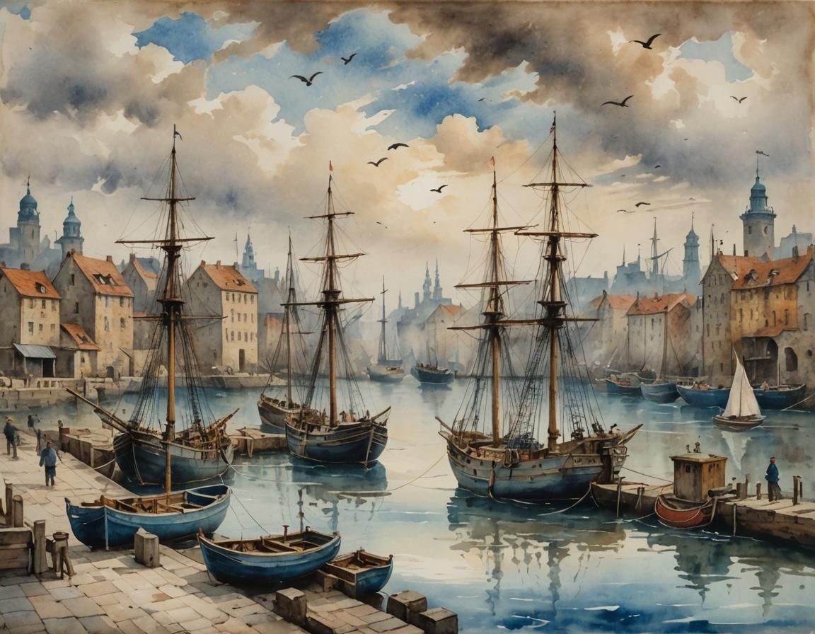 Old-World Harbor Scene in Watercolor on Parchment