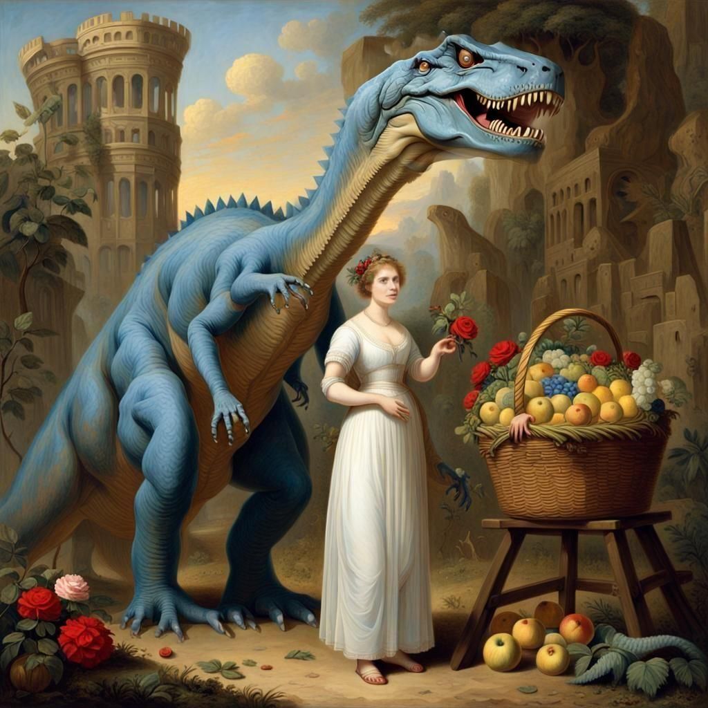 Woman and Dinosaur in Museum, Oil Painting