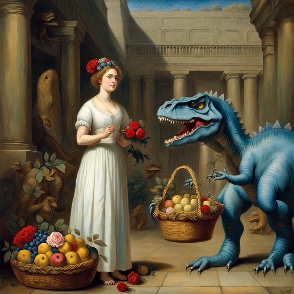 Woman and Dinosaur in Museum, Impasto Painting