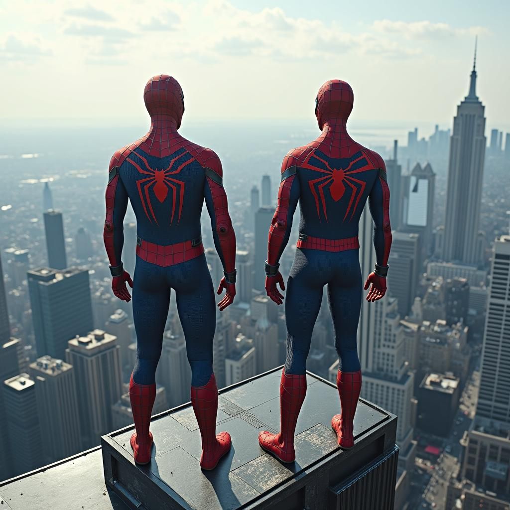 Four Spider-Men Overlook Dynamic Cityscape