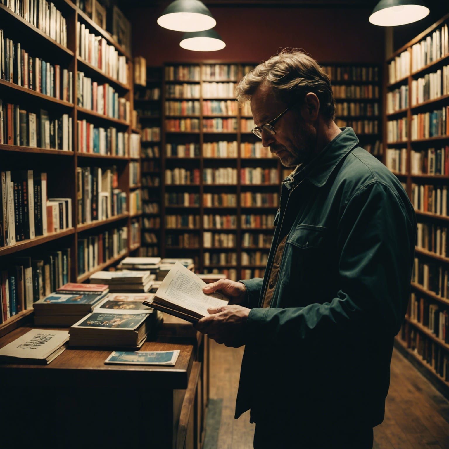 Man Reading in Bookstore: Cinematic Film Still