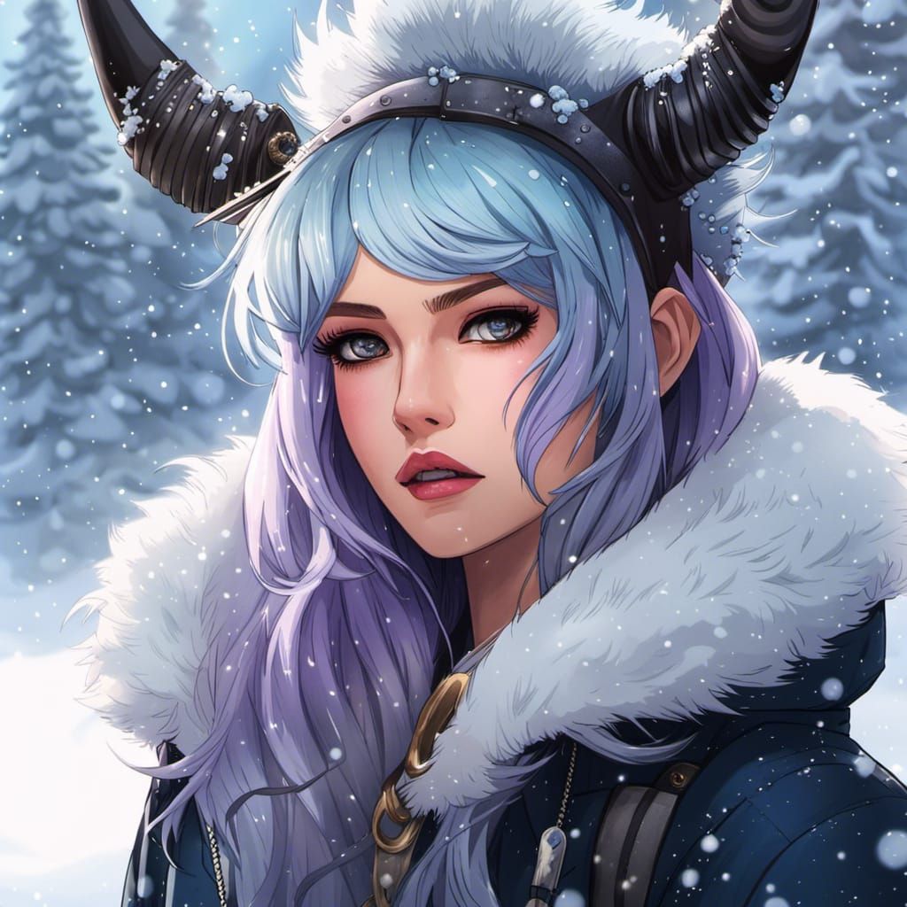 Anime Woman with Ombre Horns in Winter Scene