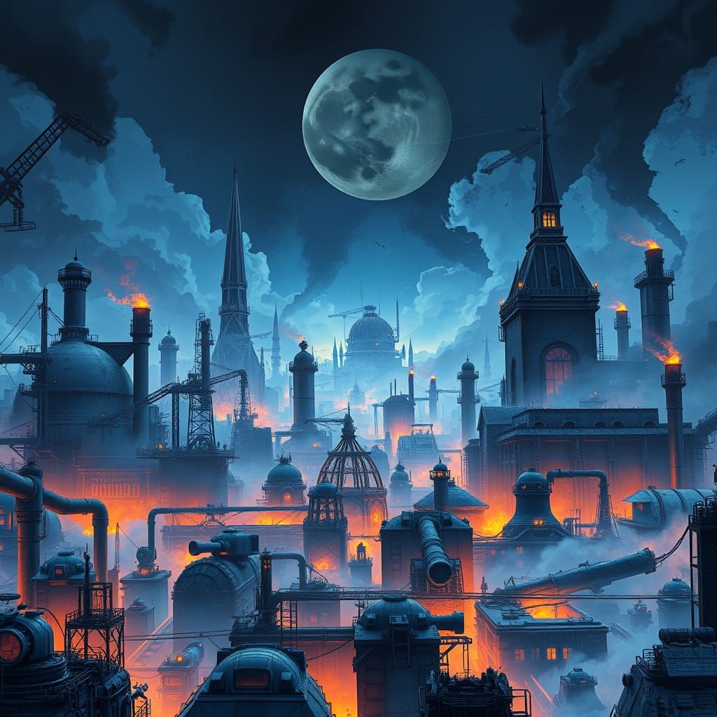 Cyberpunk Industrial Wasteland in Deep Blues and Fiery Orang...