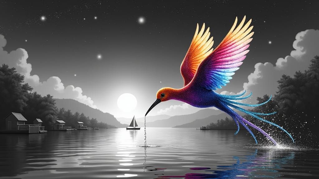 Rainbow Bird in Flight Over Monochrome River