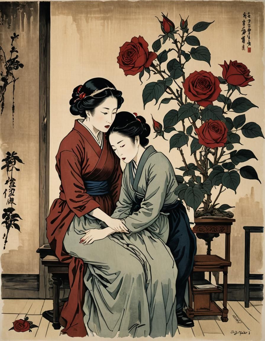 Evocative Sadness: Hokusai-Style Family Portrait