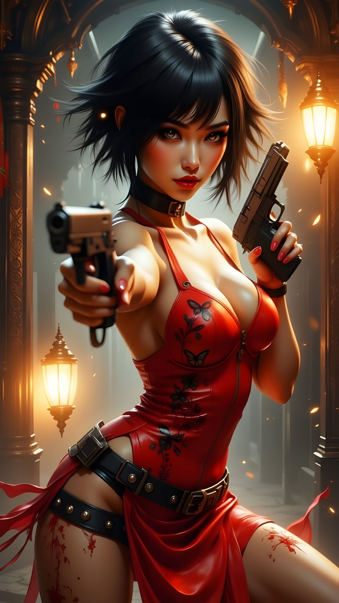 Action Heroine in Red Cheongsam with Dual Guns
