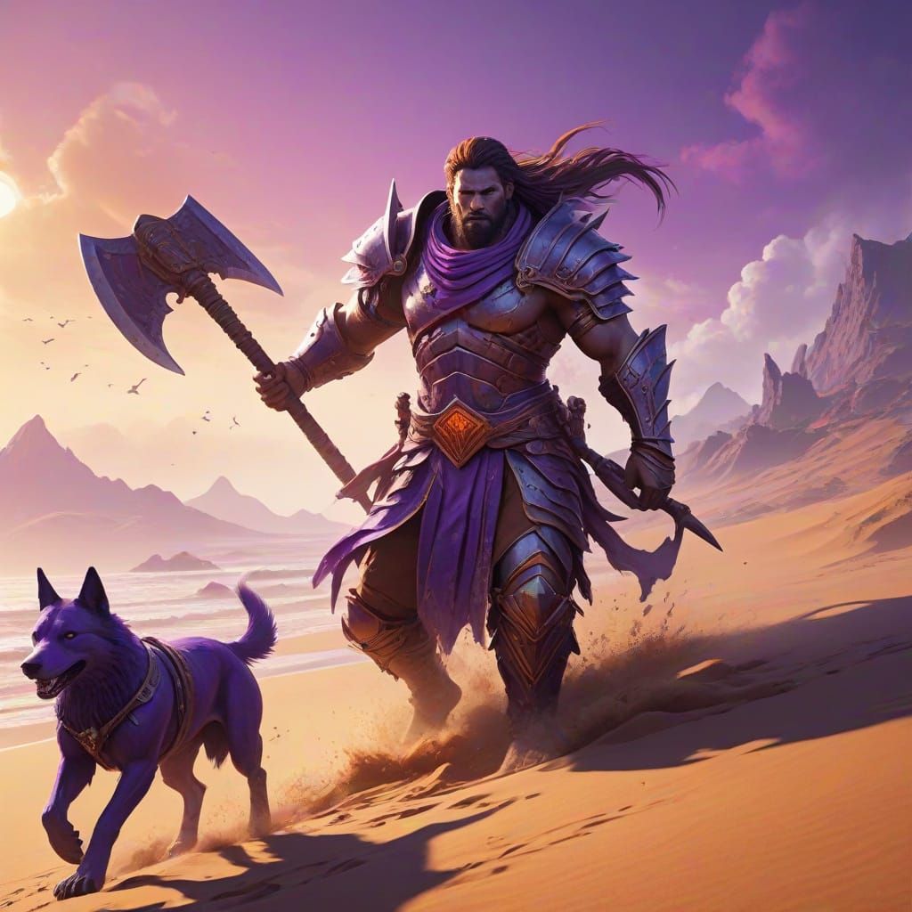 Epic Warrior with Giant Axe and Mythical Dog in Violet Sea