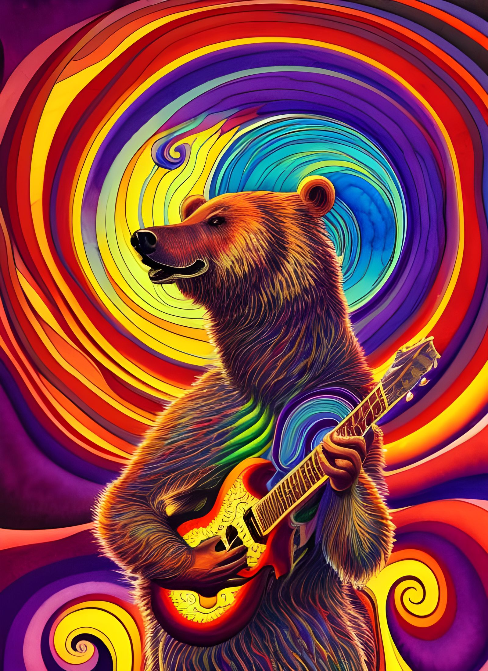 Psychedelic Bear Guitarist Portrait in Watercolor Style