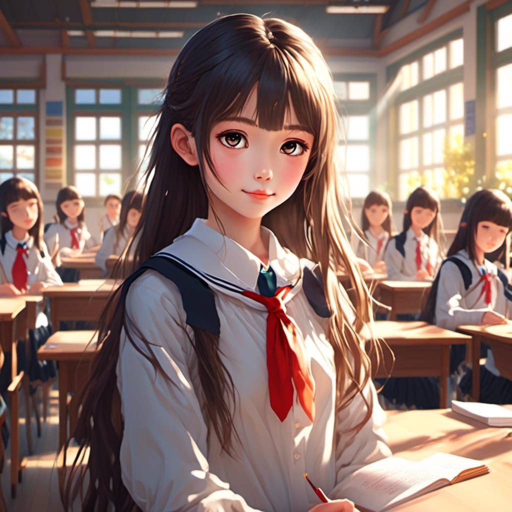Japanese Schoolgirl in Sunlight Classroom