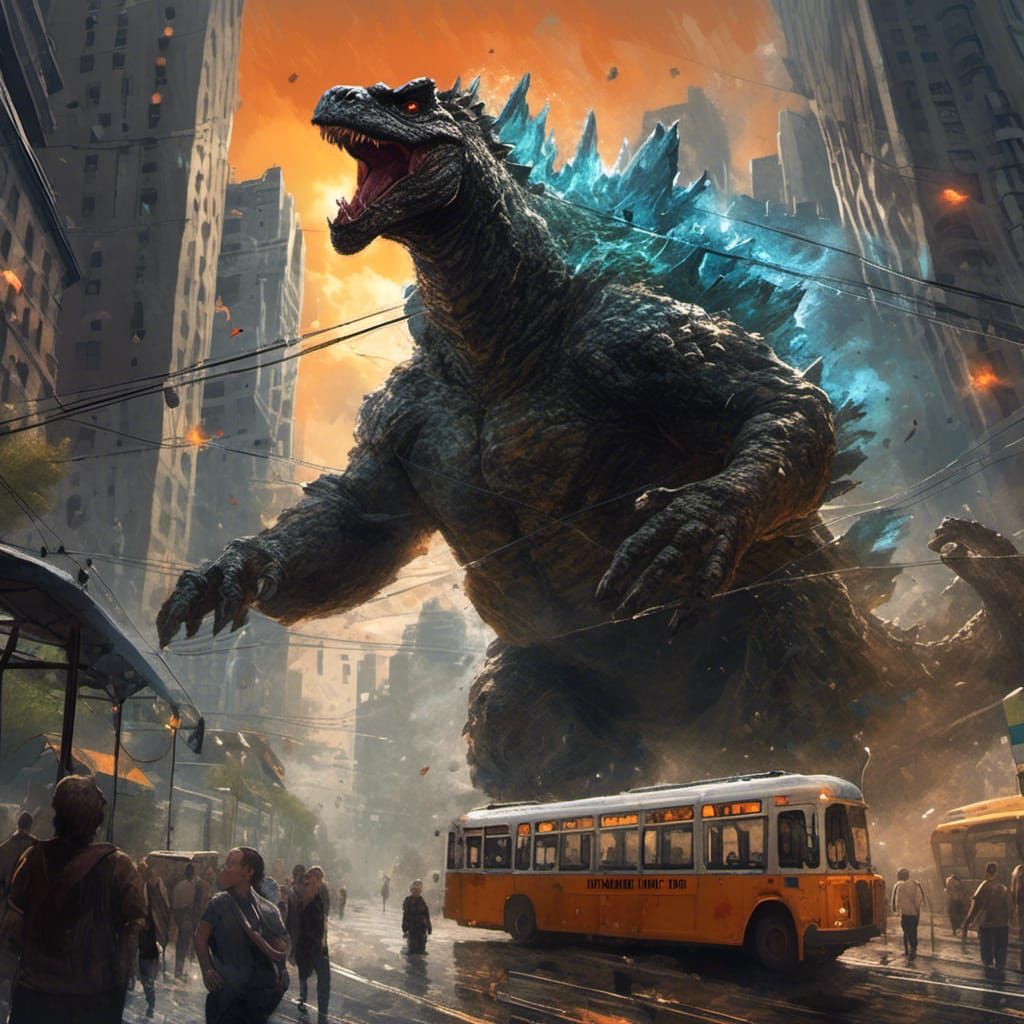 Hyperrealistic Godzilla Wades Through Ruined City