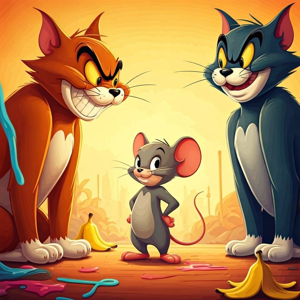 Mouse Between Cats: A Vibrant Cartoon Scene