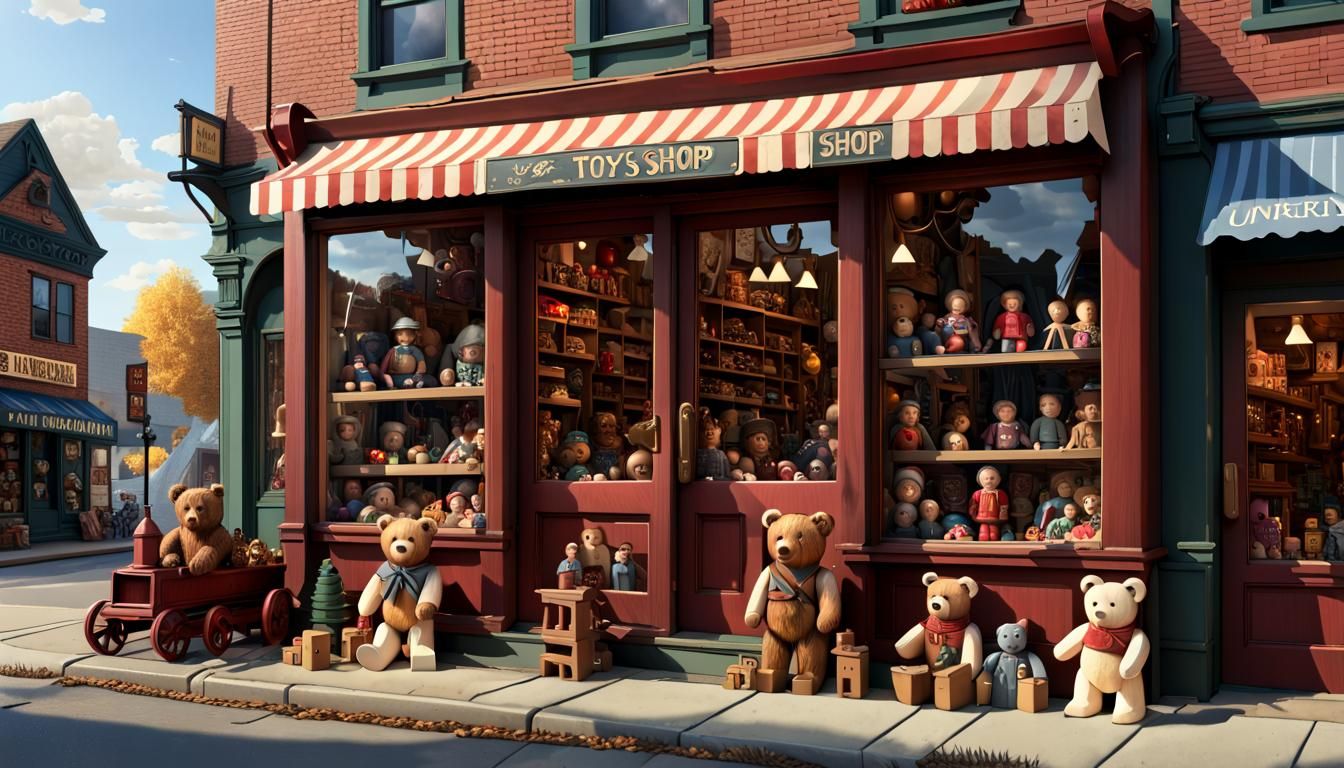 Nostalgic Toy Shop Window Display in Hyperrealism Style