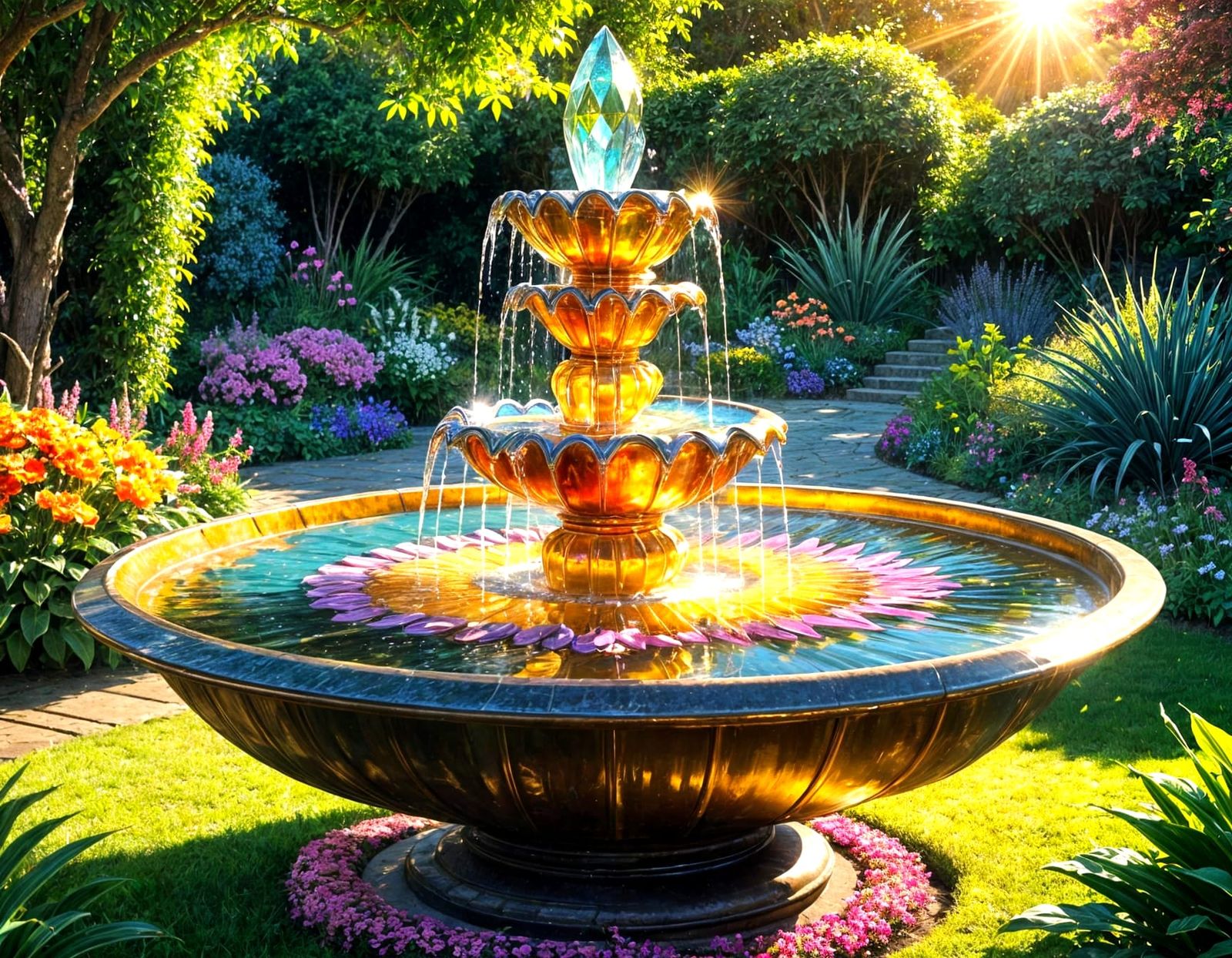 Crystal Fountain in Lush Garden: Oil Painting