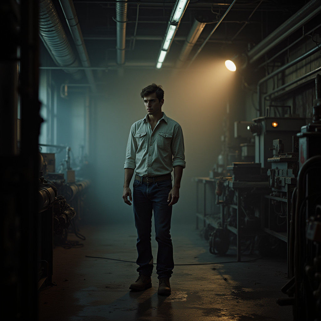 Engineer in Dimly Lit Industrial Backroom