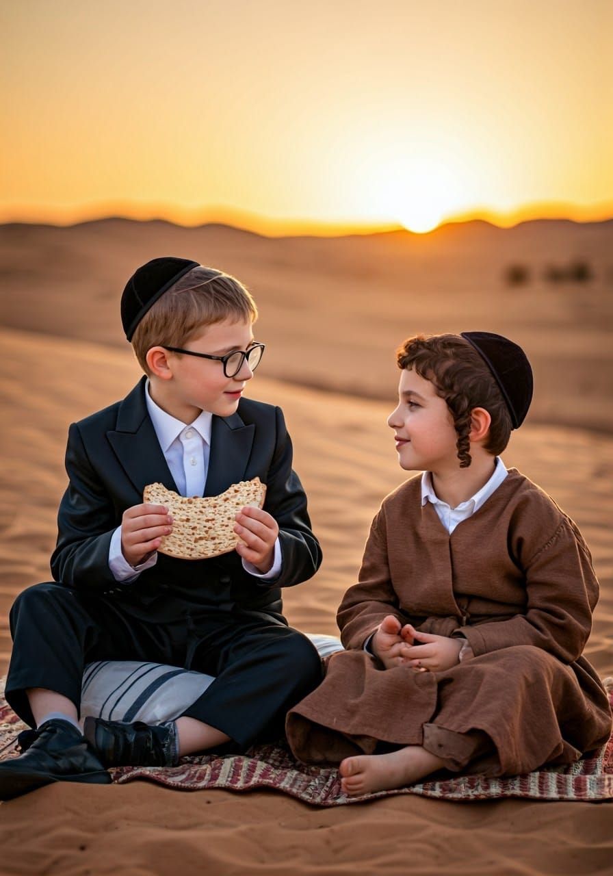 Desert Sunset Scene with Two Young Boys in Traditional Attir...