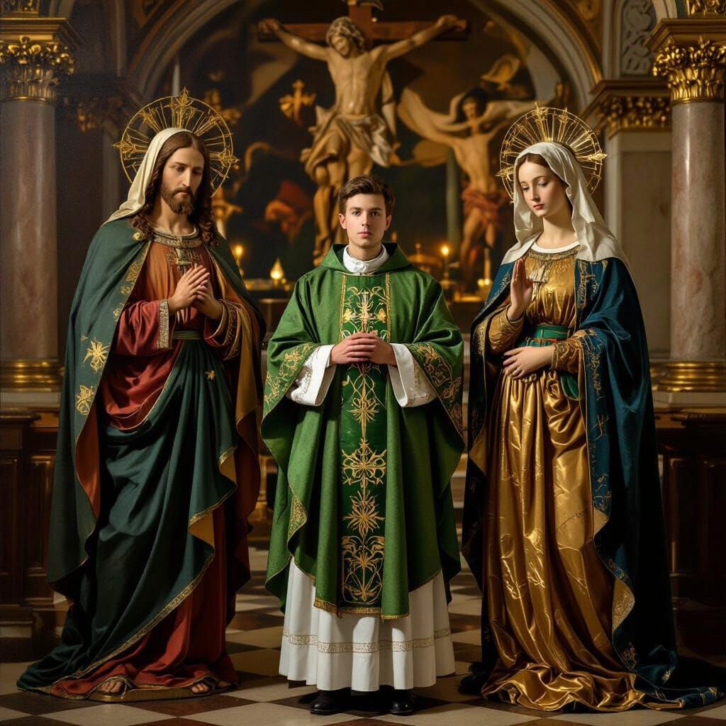 Catholic Priest Between Christ and Mary: Baroque Style