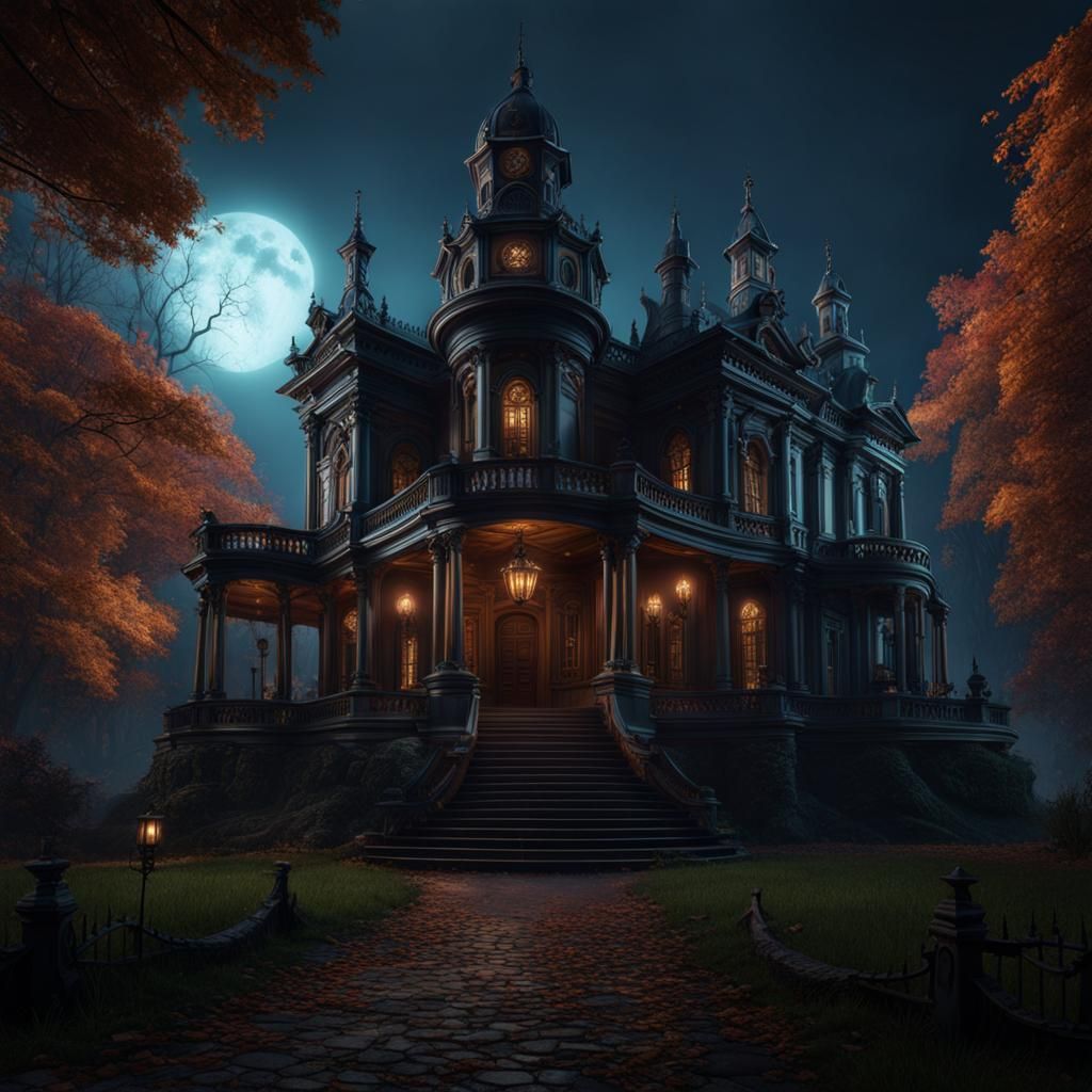 Dark Haunted Mansion in Detailed Matte Painting Style