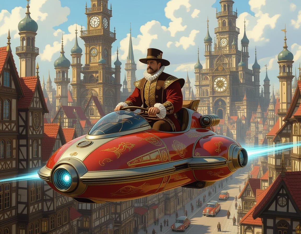 Tudor Gentleman on Hovercraft in Steampunk City