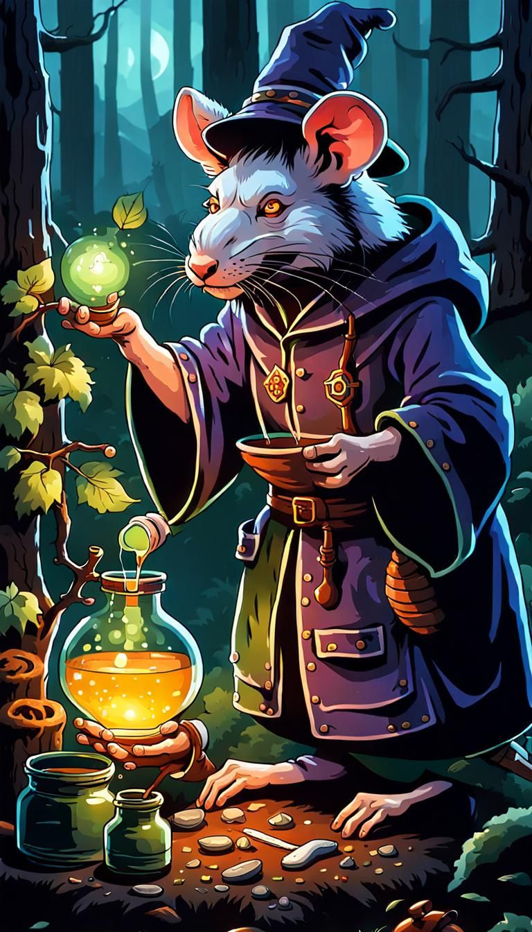 Old Witch Rat Alchemist Brews Forest Potions