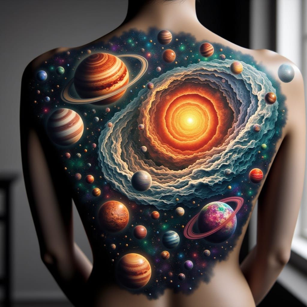 Vibrant Solar System Back Tattoo in Intricate 3D Detail
