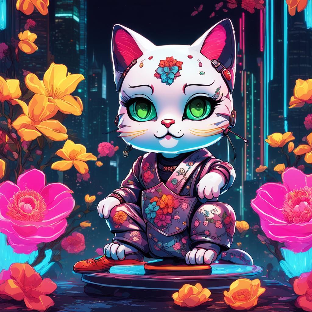 Cyberpunk Betty Boop Maneki Neko with Flowers