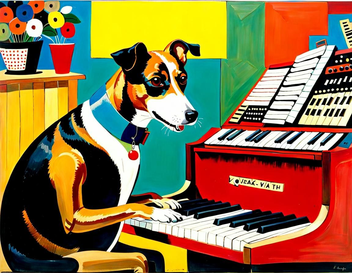 Dog Plays Keyboard at Party: Abstract Expressionism