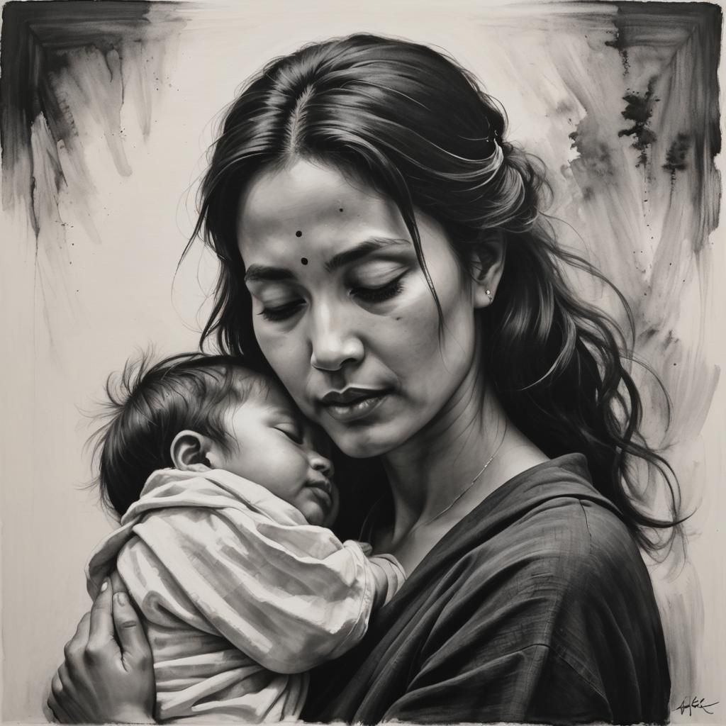 Serene Mother and Child Charcoal Painting