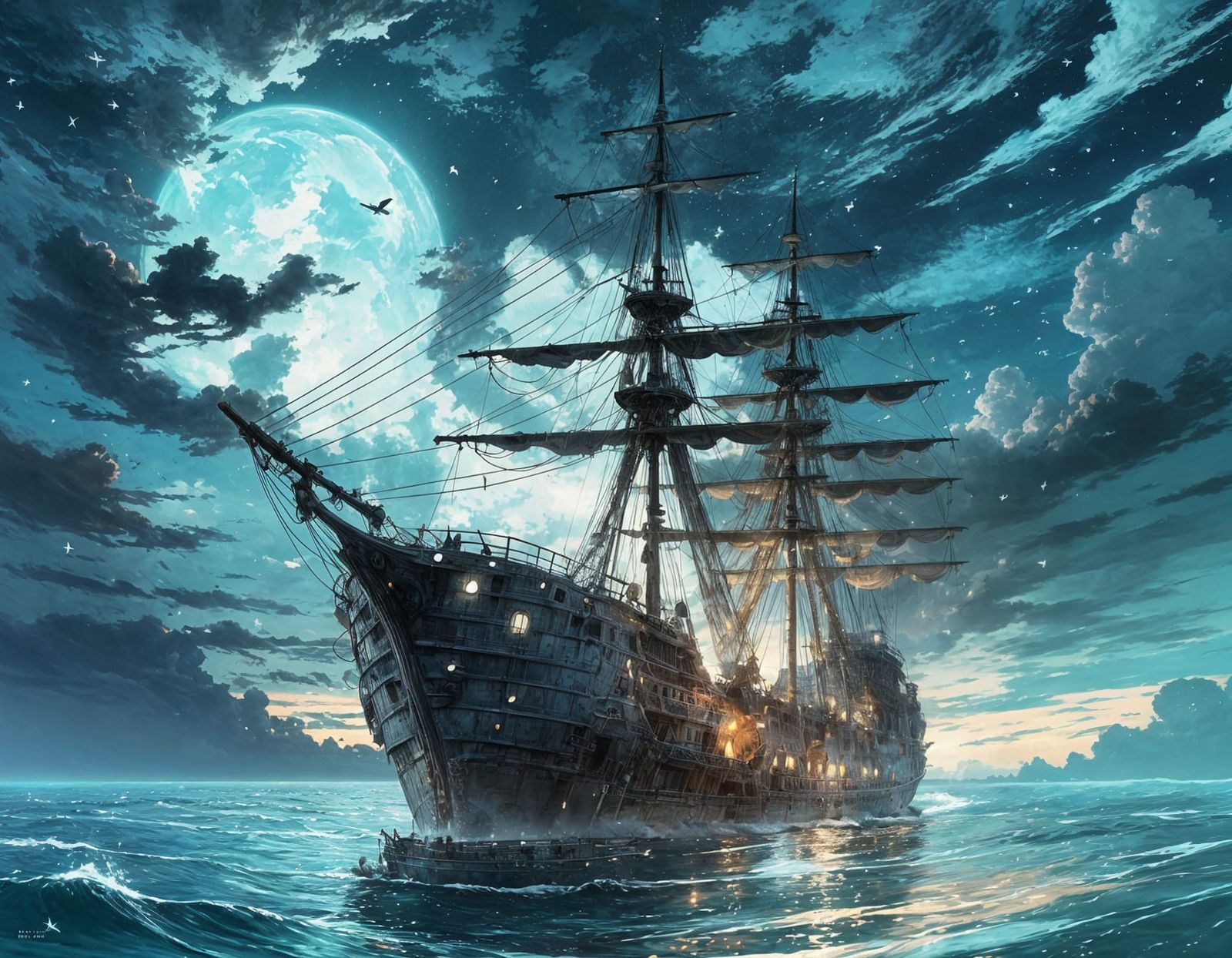 Enchanted Ghost Ship Sailing on Magic Seascape