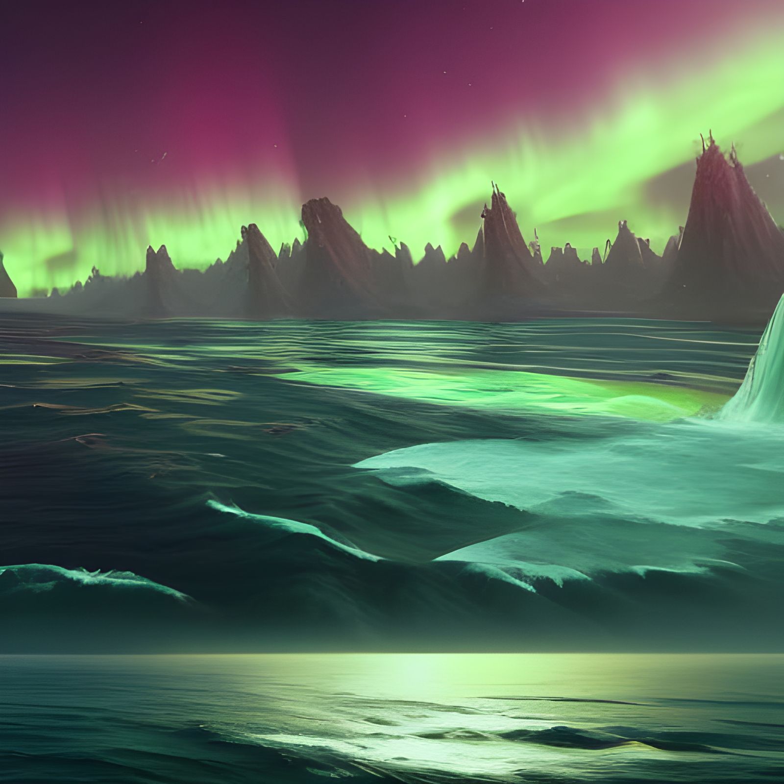 Divine City Meets Aurora Over Deep Green Ocean