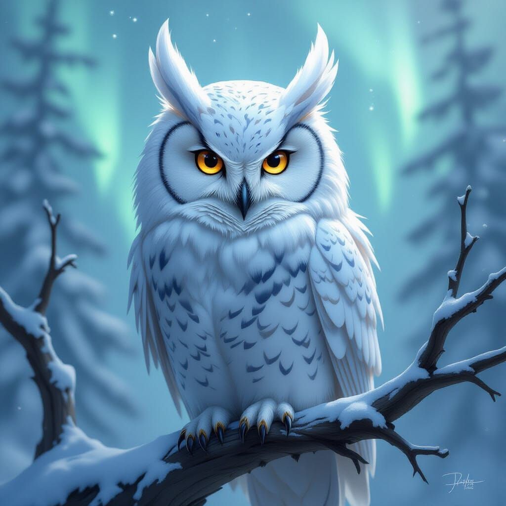 Wise Owl with Silver Feathers in Digital Painting Style