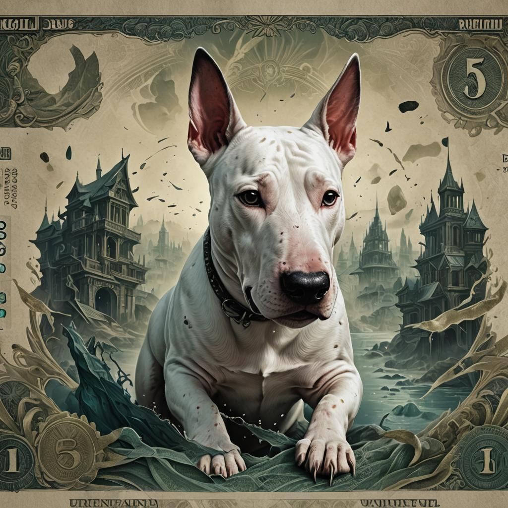 Bull Terrier on a Fantasy Art Banknote