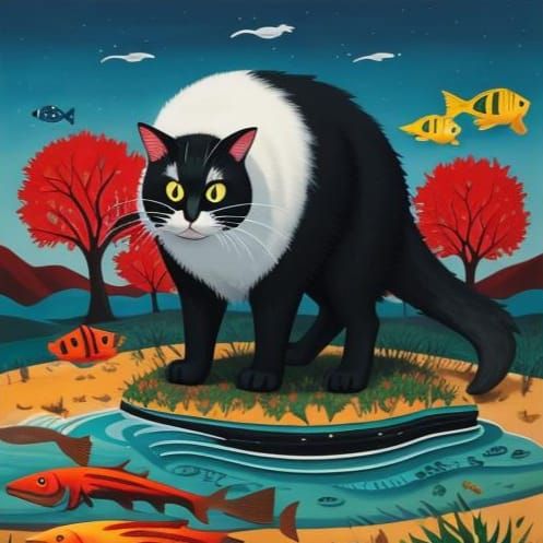 Feral Cat in Naive Surrealist Style