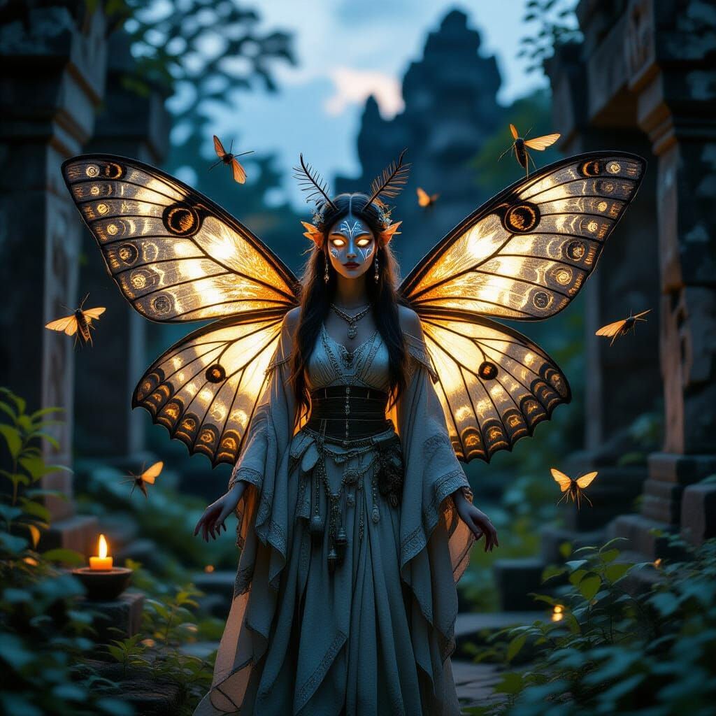 Ethereal Moth-Prayer Fairy in Ancient Temple Ruins
