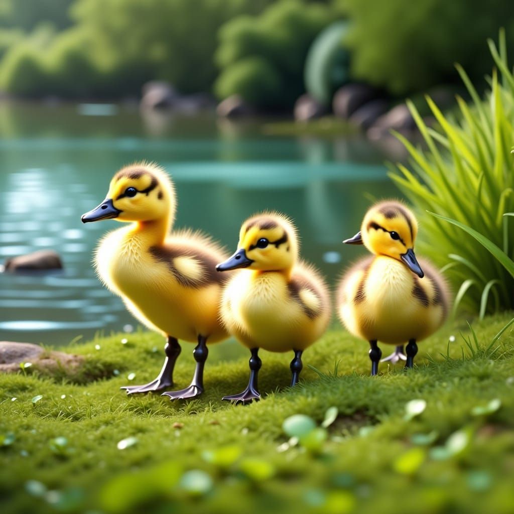 Three little yellow ducklings on the grassy shore of a pond in summer <lora:Real 3D Adorable:1.0>