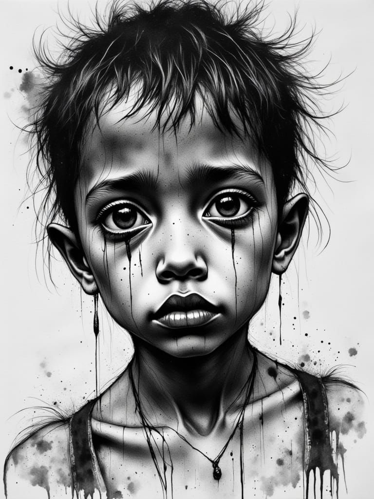 Monochromatic Ink Drawing of Child in Apocalyptic Scene