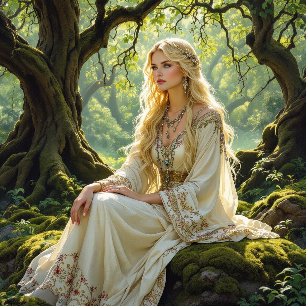 Serene Woman in Emerald Glade, Pre-Raphaelite Style