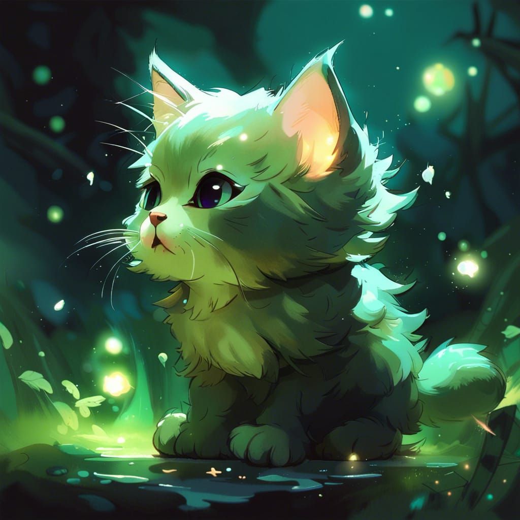 Adorable Chibi Kitten in Bioluminescent Garden