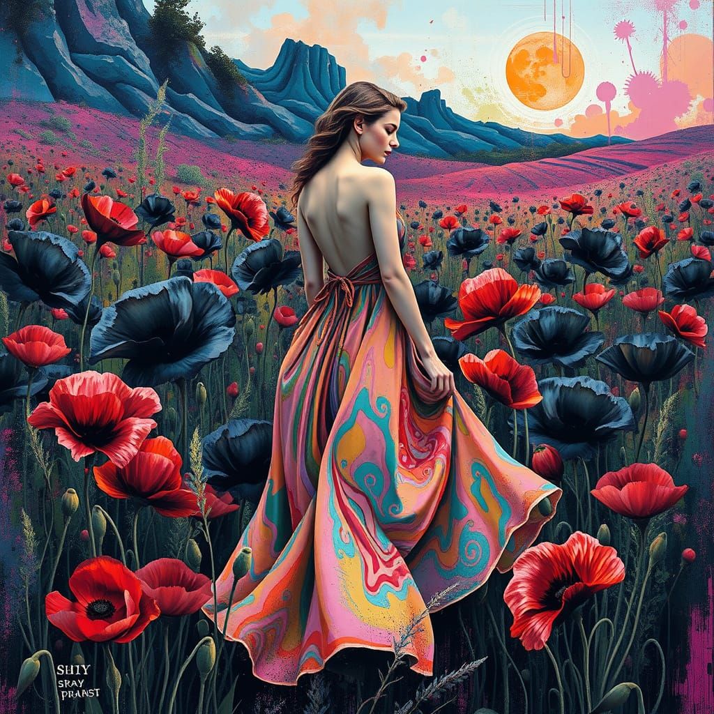 Woman in Poppy Field: Surreal Graffiti Street Art