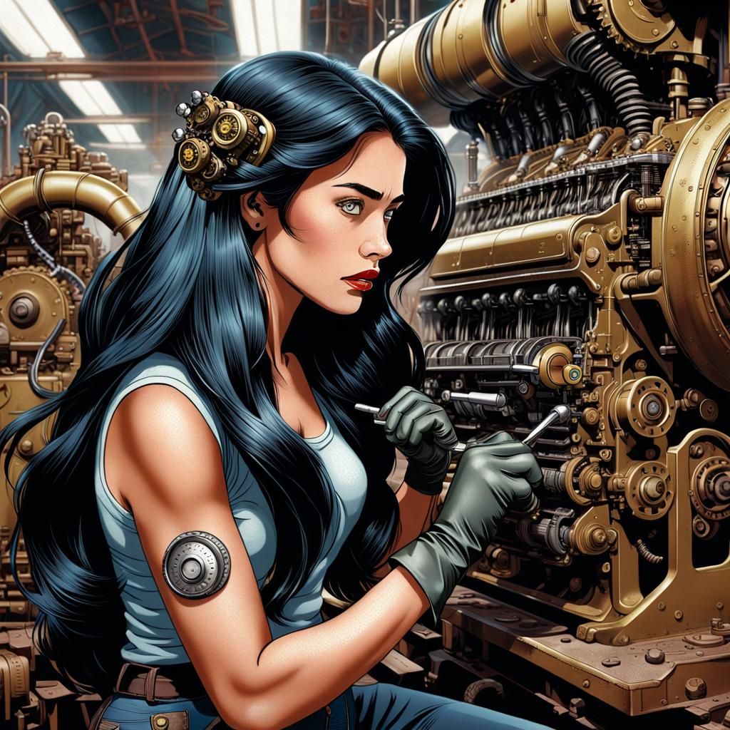 Woman Repairs Caterpillar D9 in Comic Book Style
