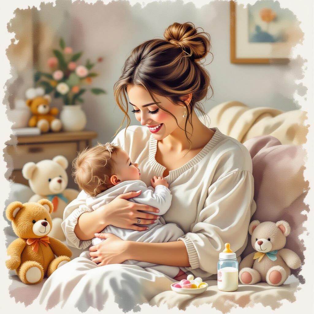 Mother and Baby Cuddling in Warm Living Room, Beatrix Potter...