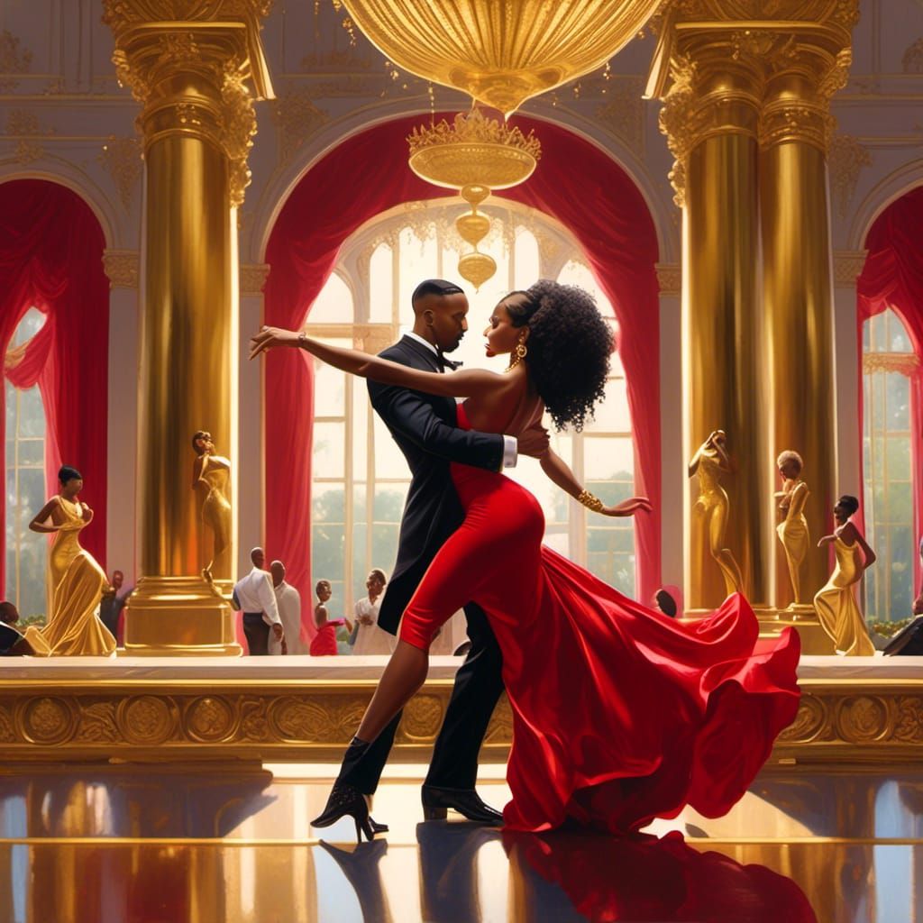 Dancing Couple in Golden Palace: Ink and Pencil Art