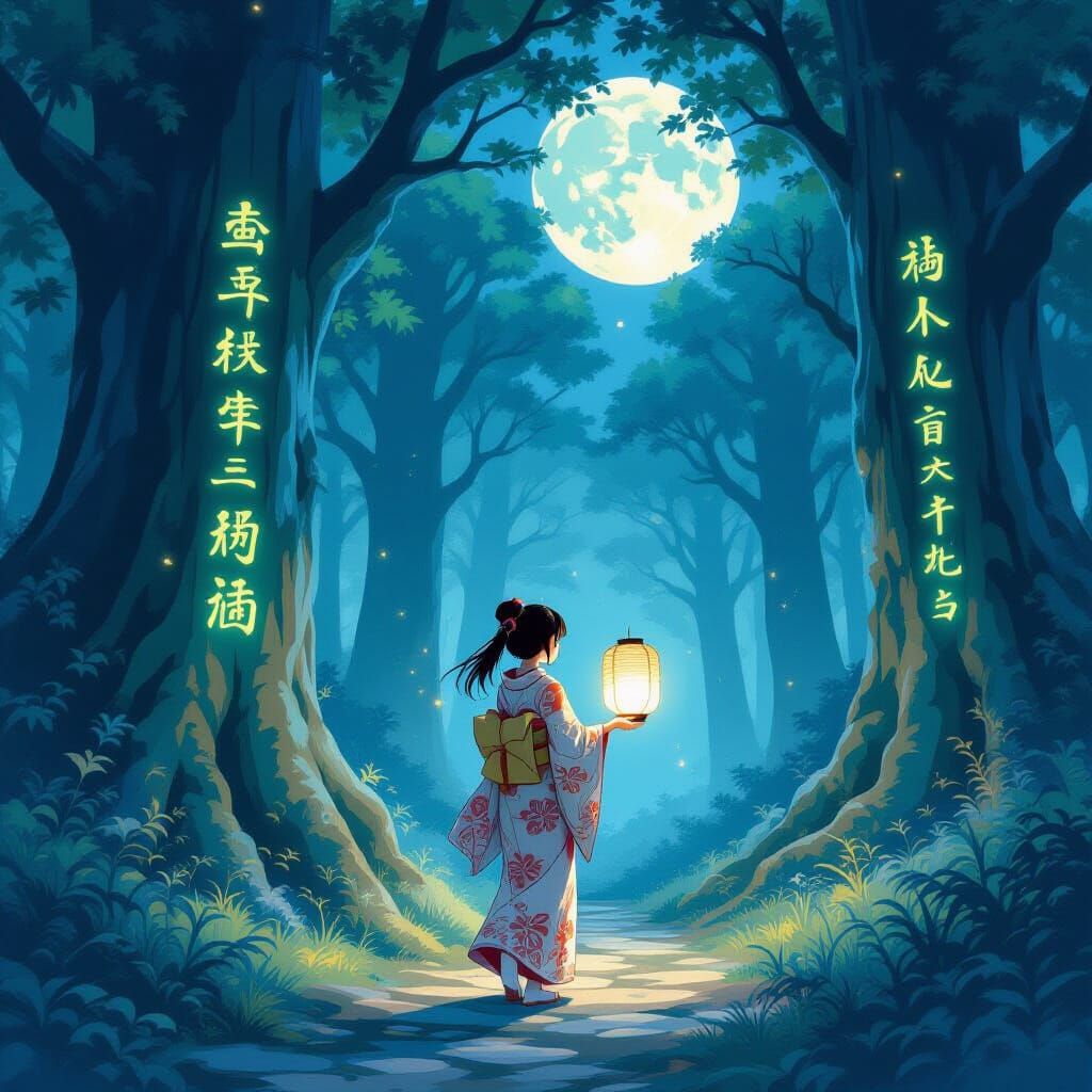 Anime Girl Wanders Enchanted Forest with Lantern