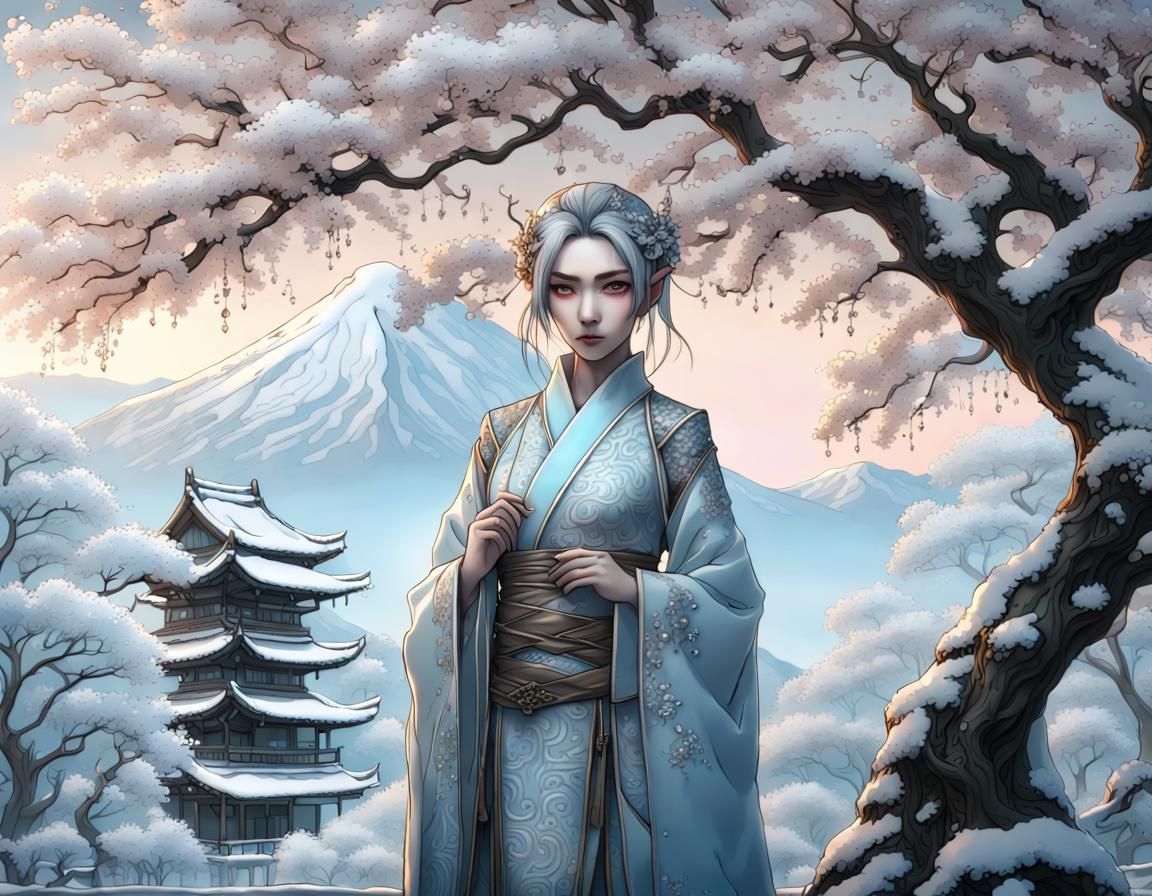 Elven Homes in Winter Sunrise: Etched Fantasy Landscape