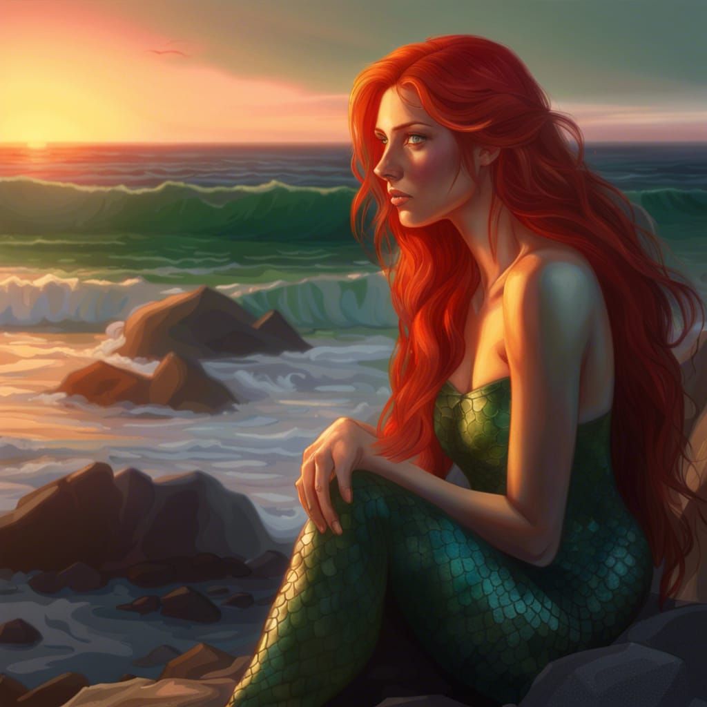 Mermaid Portrait at Sunset in Art Nouveau Style