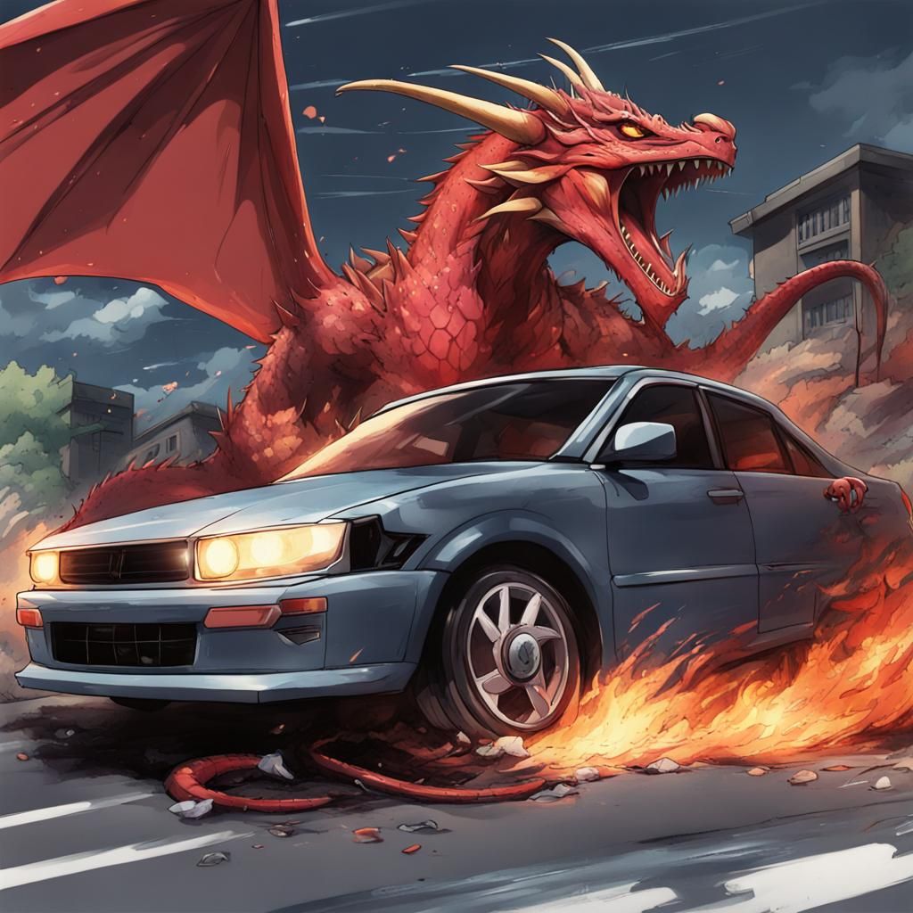 Dragon Smashing Car in Anime Style