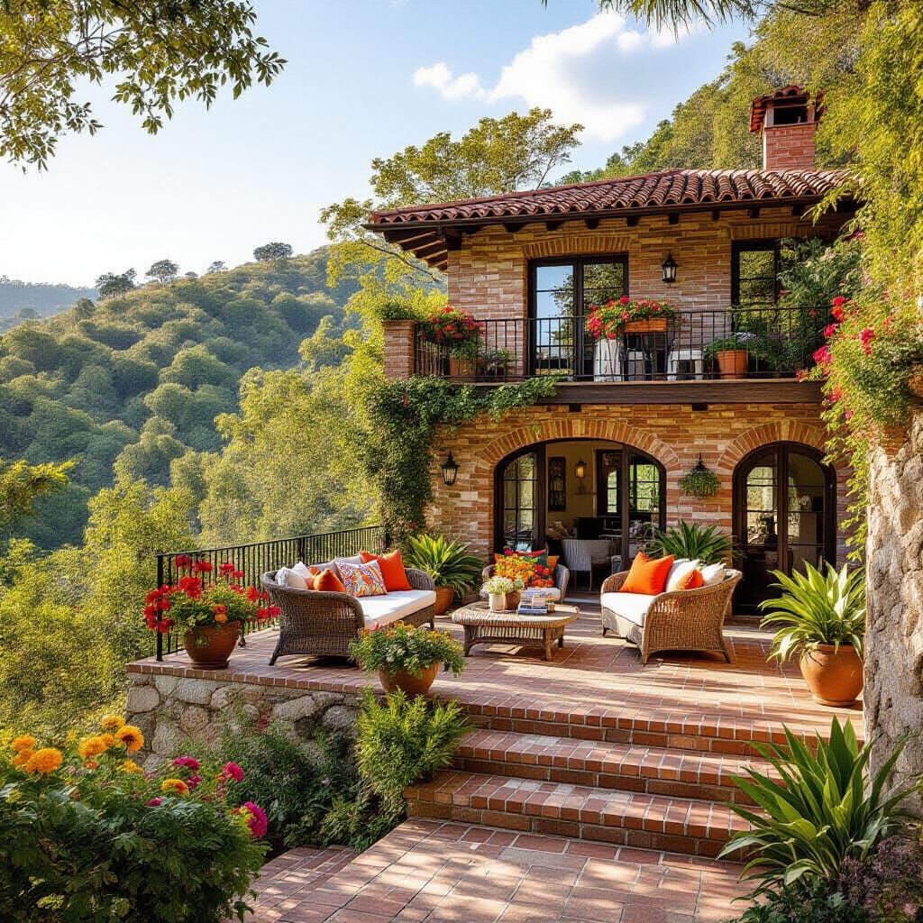 Hillside Brick House with Patio: Realistic Photo